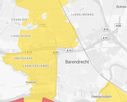 Netcongestiekaart teruglevering Barendrecht — gele zone geeft beperkte situatie aan